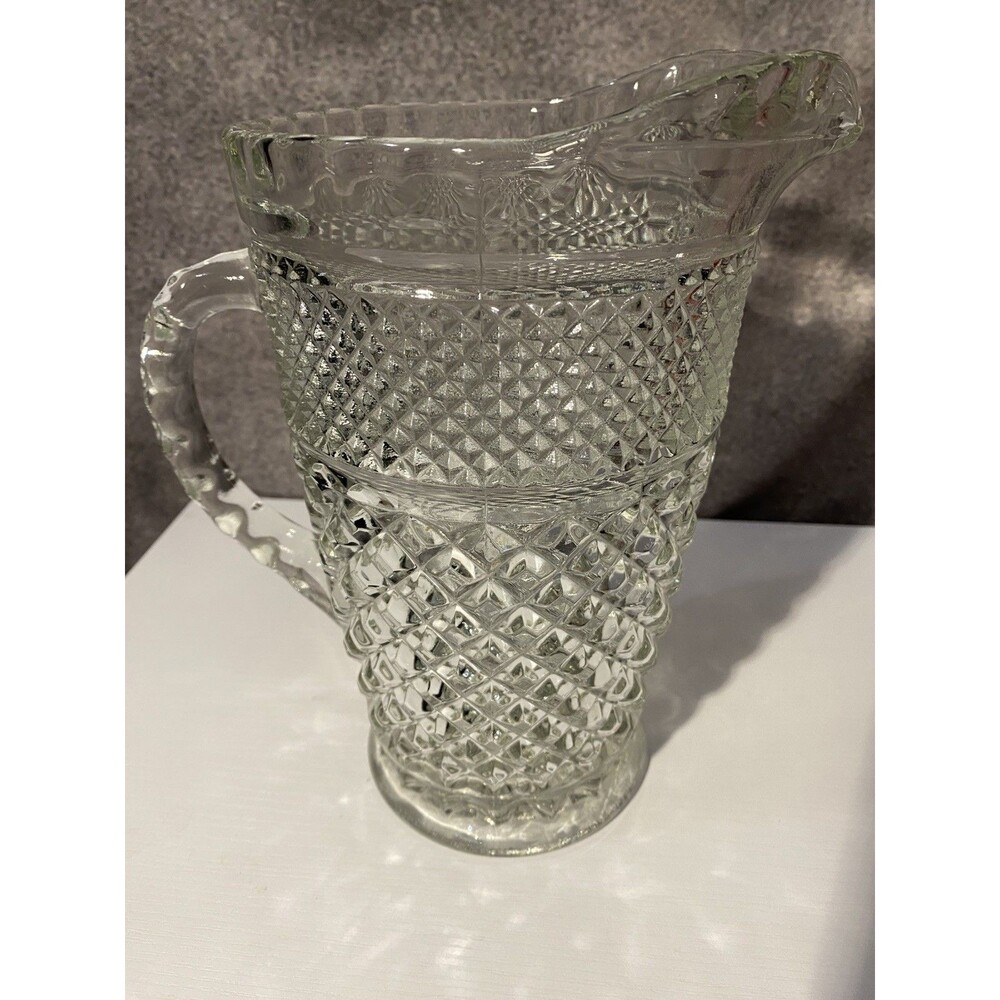 Vintage Anchor Hocking Wexford Glass Pitcher 9" Clear Diamond Pattern Starburst